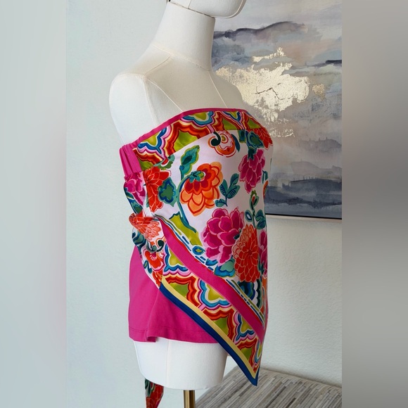 Caché Y2K Silk Scarf/Handkerchief Print Strapless Top Floral Bandana Hem - Picture 6 of 16
